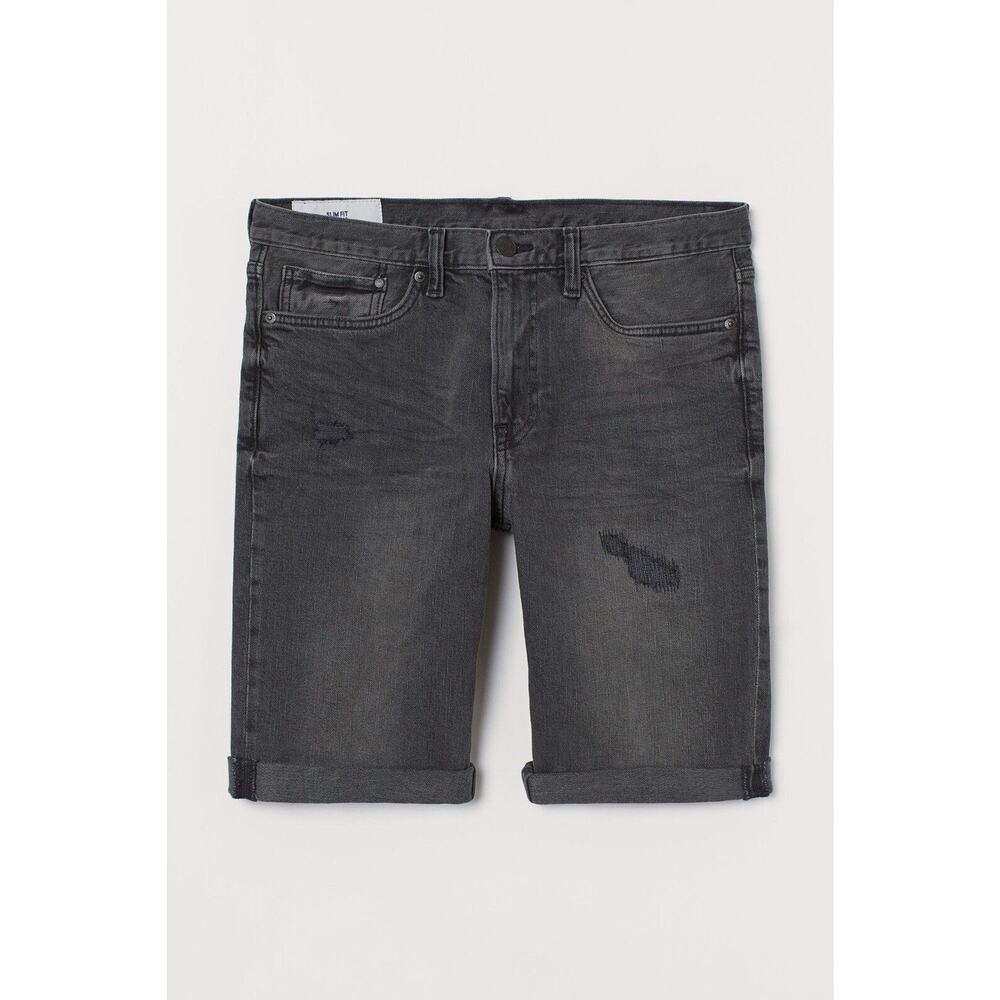 H&M Men's Regular Fit Knee Length Stretch Distressed Denim Shorts 30W